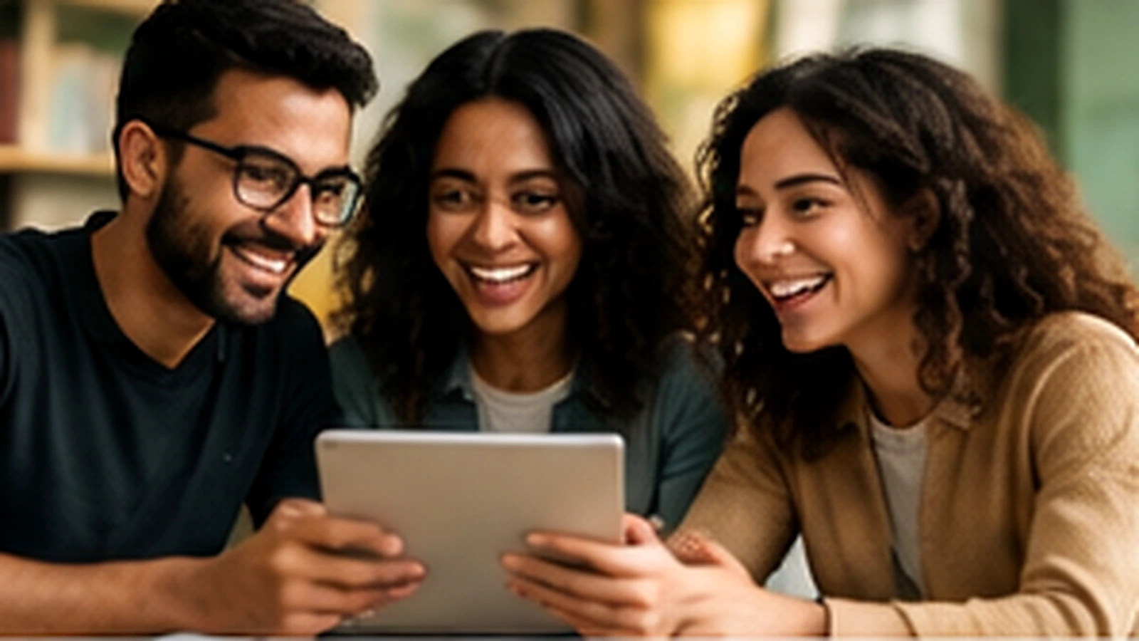Students learning English together on a tablet